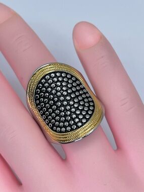 Silver Gold Tone Textured Statement Ring Black Dome Bold Modern